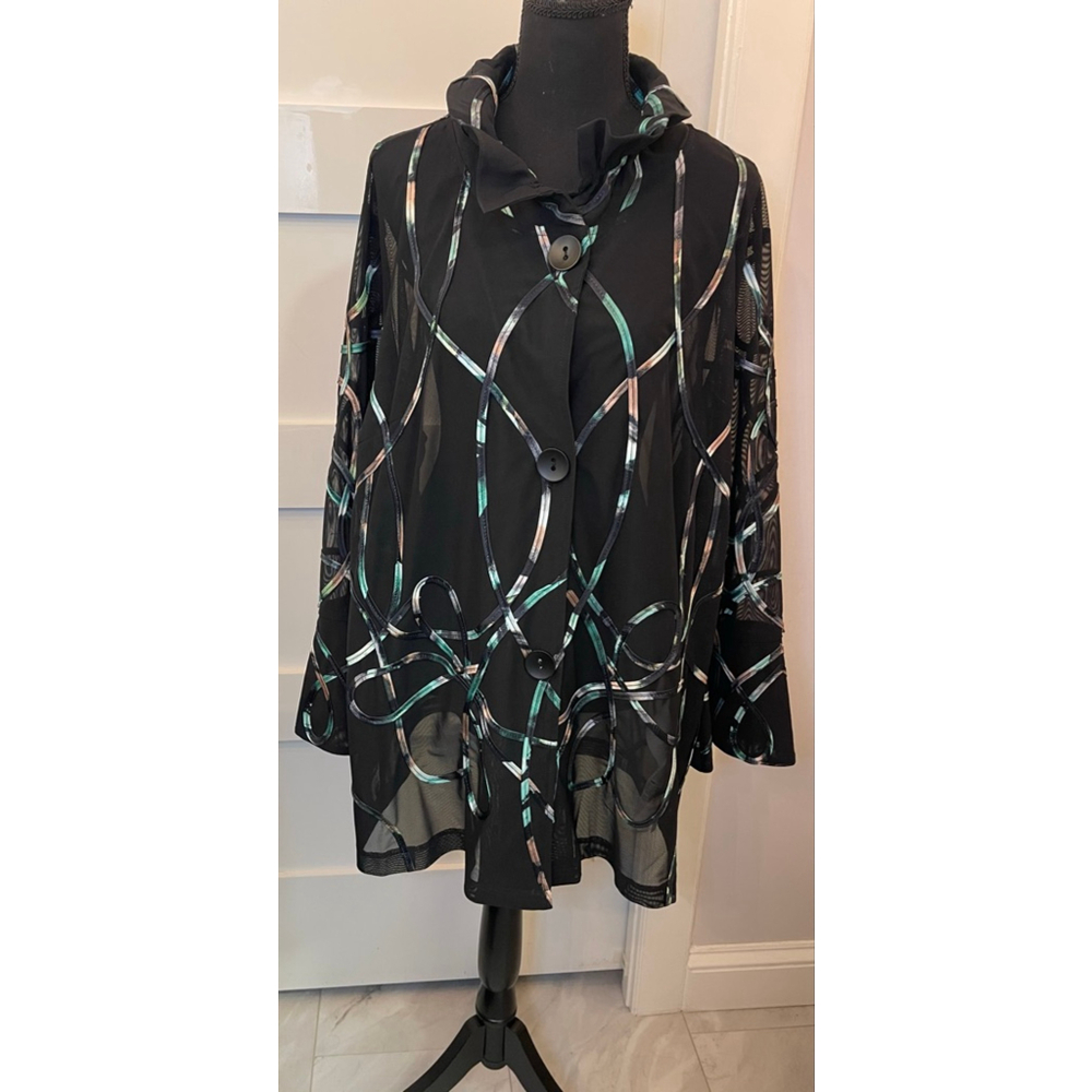 Joseph Ribkoff Black Multi Mesh Jacket XXL Sheer Ribbon Appliqué NWT